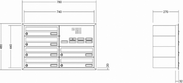 Leabox Briefkastenanlage Unterputz, Alu - Putzabdeckrahmen, waagerechte Kästen, Kastenformat 370x110x270mm, mit Klingel - und Lichttaster und Vorbereitung Gegensprechanlage, 6-teilig